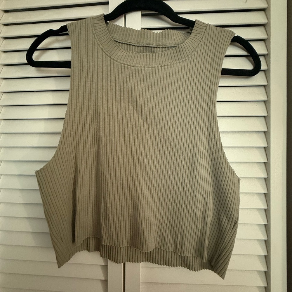 Aerie Ribbed High Neck Tank Top in Greenish Gray